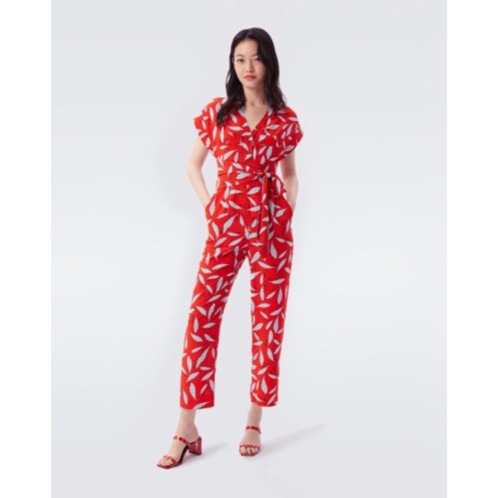 Diane Von Furstenberg Utilitarian Jumpsuit Orange Blue Benji Wrap Tie Size 12